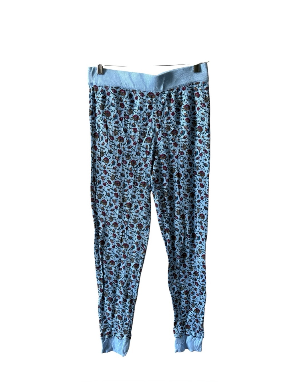 Sundance Floral Rib-Knit Thermal Pajama Pants Leggings Small Blue